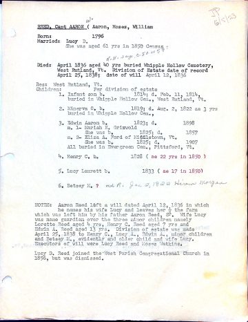 REED, Capt. Aaron W. (1796 1836 West Rutland bur. Whipple Hollow) 1 Lucy GRISWOLD FORD MORGAN terms of will